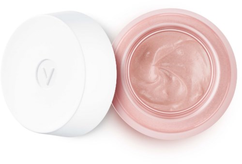 A pink container with a opened lid showing cream inside, next to a white lid with a logo.