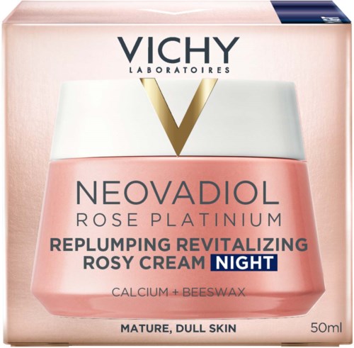Kehykset tarjoava voide, pinkki purkki, nimeltään 'Neovadiol Rose Platinum', yökäyttöön, sisältää kalsiumia ja mehiläisvahaa.