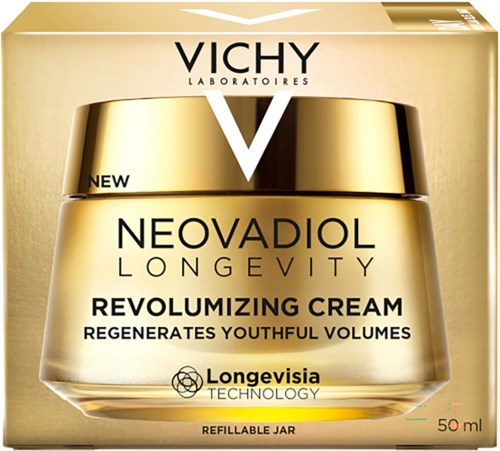 Gullfarget og svart krukke av Neovadiol Longevity Revolumizing Cream fra Vichy, med produktdetaljer på emballasjen.
