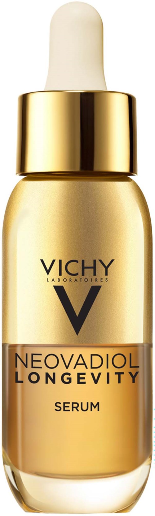 Vichy Neovadiol Longevity serum i en gullfarget flaske med hvit pipettekork.