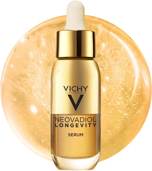 Vichy Neovadiol Longevity serumflaske med gullkork foran en glødende gylden bakgrunn.