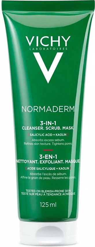 Grön tub med Vichy Normaderm 3-i-1 Rengöring, Skrubb, Mask för fet hud, 125 ml.