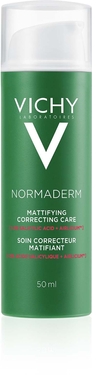 Green bottle with white cap, labeled Vichy Normaderm, for skin care, 50 ml.