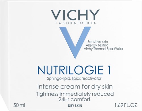 En förpackning av Vichy Nutrologie 1 kräm för torr hud, minskar stramhet och ger komfort, med 50 ml/1,69 fl oz.