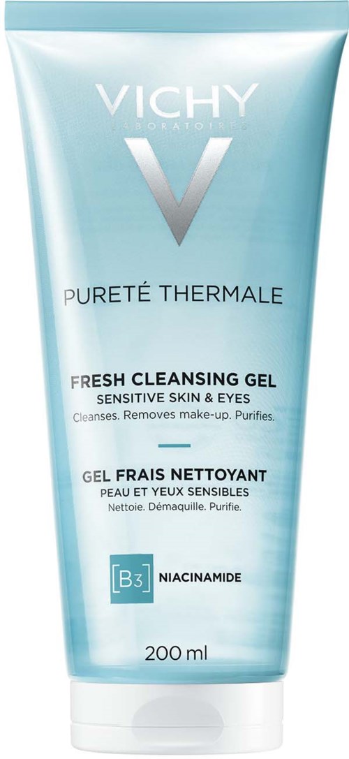 Vichy Fresh Cleansing Gel for sensitive skin and eyes, containing niacinamide, in a 200 ml tube.
