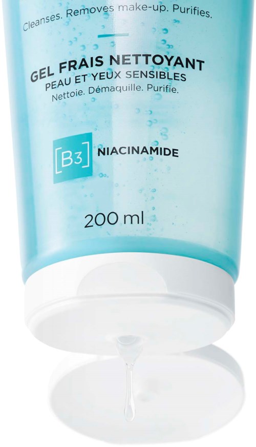 A blue facial cleanser gel with white cap, 200 ml, contains niacinamide, cleanses, removes makeup, and purifies sensitive skin.