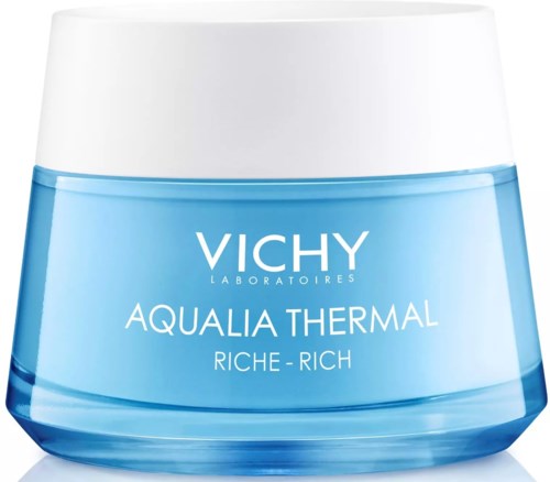 A jar of Vichy Aqualia Thermal cream, blue and white, labeled 'Riche-Rich' for nourishing skin.