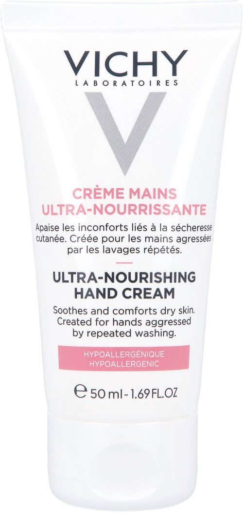 Håndcreme tube med Vichy logo, pink og sort tekst, 50 ml størrelse, til tør og følsom hud.