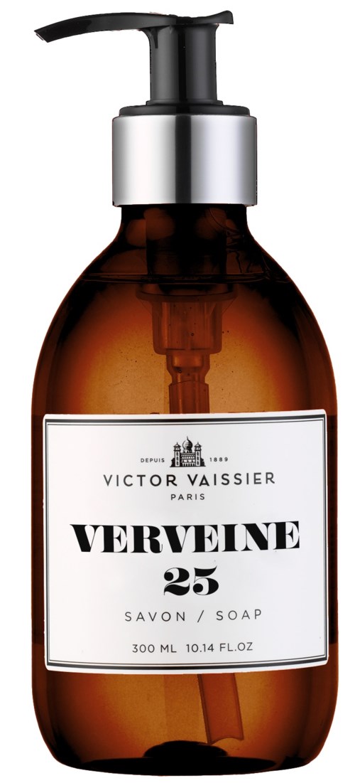 En brun såpedispenser med hvit etikett som sier "Verveine 25" og svart pumpe.