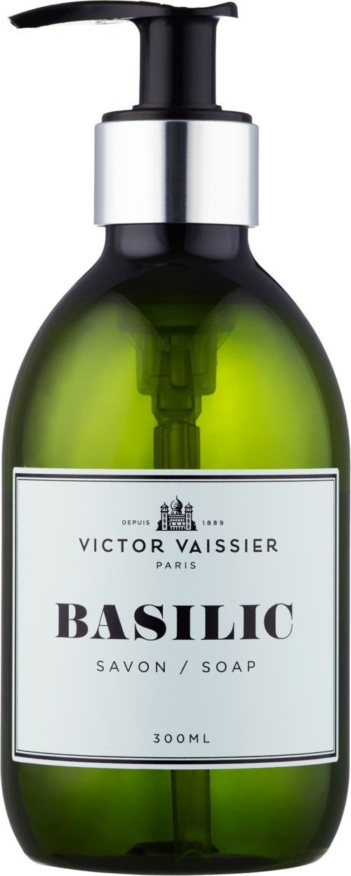 Een groene zeeppomp met label 'Basilic' van Victor Vaisier, Parijs, 300 ml.
