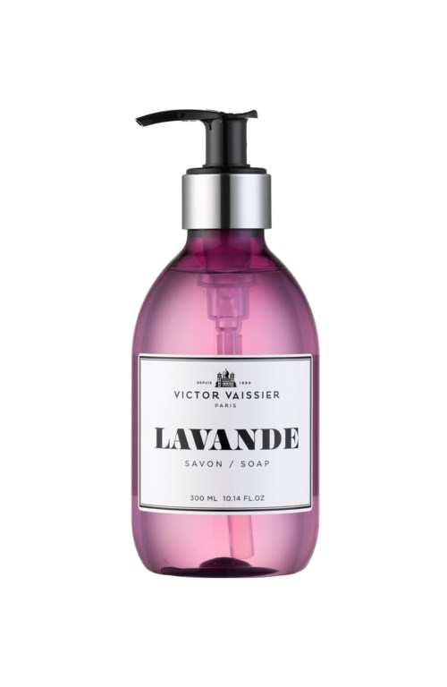 Roze zeeppompflacon met een pomp, label zegt Lavande, door Victor Vaissier, Parijs.