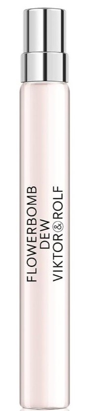 Ein Parfümflasche mit silberner Kappe, beschriftet 'Flowerbomb Dew' von Viktor & Rolf.