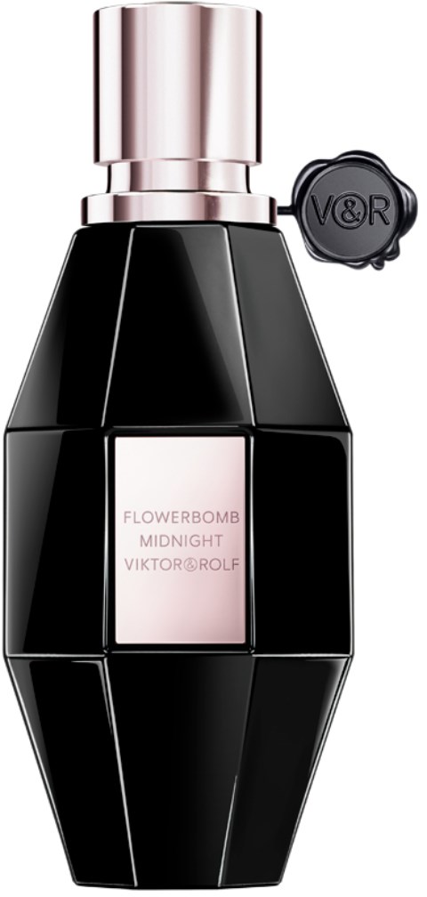 A perfume bottle with a black geometric shape, silver cap, and a small black tag attached, labeled "Flowerbomb Midnight."
