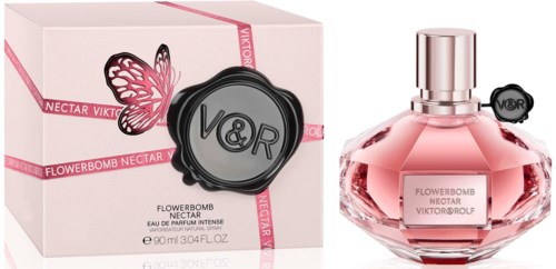 Pink perfume bottle and box with butterfly design and V&R logo.