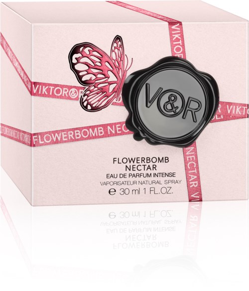 En rosa box med en fjärilslogo och ett vaxcollectionsdesign, märkt Viktor & Rolf Flowerbomb Nectar parfym.