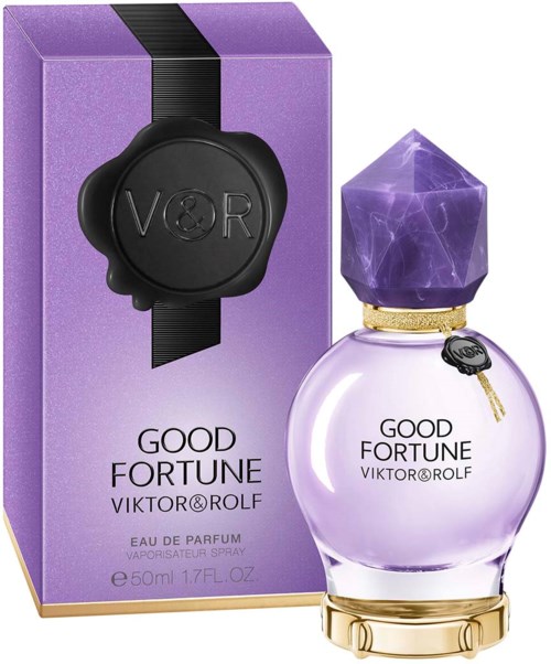 Viktor & Rolf Good Fortune parfymflaska, lila kork formad som en kristall, gulddetalj, box med svart band.