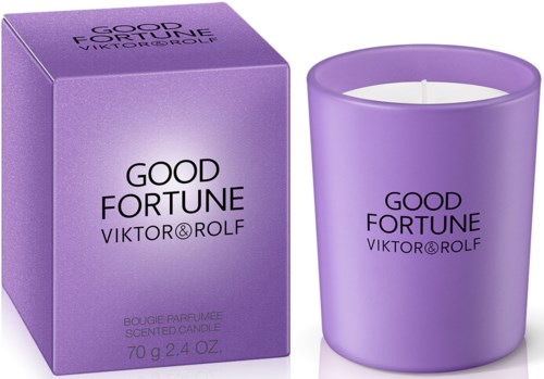 Lila Kerze und Box mit 'Good Fortune'-Beschriftung, Marke Viktor&Rolf, Duftkerze, 70g.