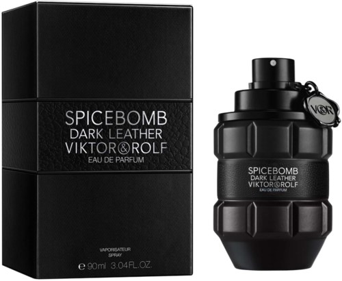 En svart parfymflaska formad som en granat med samma box, märkt 'Spicebomb Dark Leather' av Viktor & Rolf.