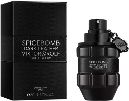 Duftevæske i form af en mørk lædergranat ved siden af sort æske, mærket Spicebomb, Viktor & Rolf.