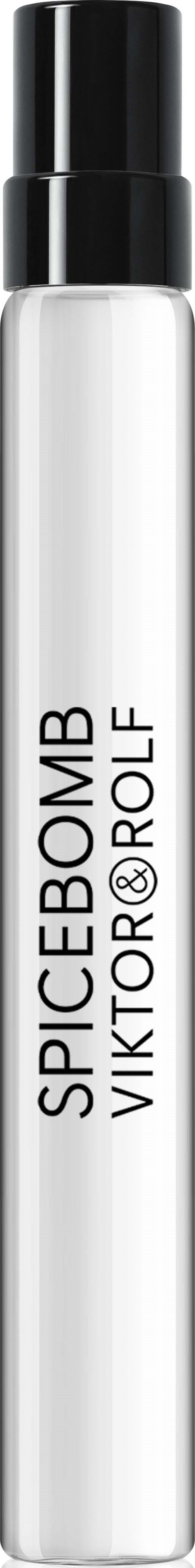 Eine weiße Kosmetiksprühflasche mit schwarzem Deckel und schwarzem Text, der Spicebomb Viktor & Rolf sagt.