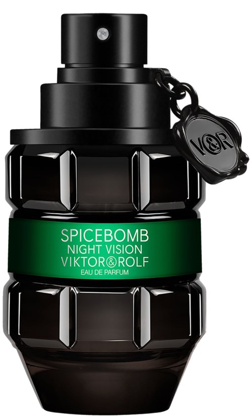 A black perfume bottle shaped like a grenade, with a green label reading 'Spicebomb Night Vision' by Viktor&Rolf.
