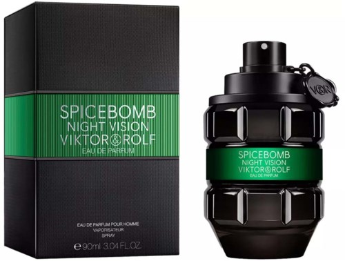 En svart flaska formad som en handgranat med Viktor & Rolf Spicebomb Night Vision parfym och tillhörande box.