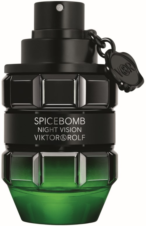 En lille sort og grøn ting, der ligner en håndgranat med etiketten "SPICEBOMB NIGHT VISION".