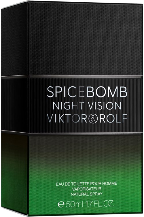 En sort og grøn æske med tekst om Spicebomb Night Vision til mænd.