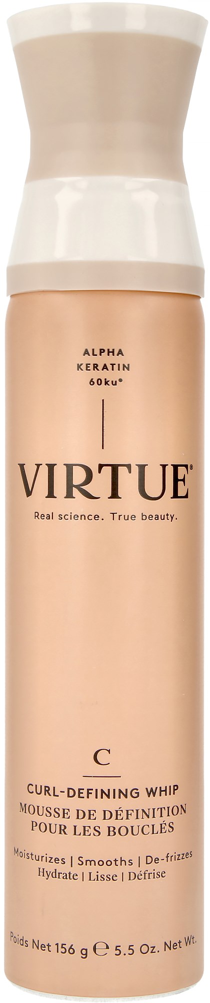 Eine beige Flasche mit weißem Verschluss, gekennzeichnet Virtue curl-defining whip, für Haarpflege, 165 Gramm.