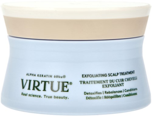 En krukke merket 'Virtue' som inneholder hodebunnsskrubbe med keratin, fremmer avgiftning og sunt hår.