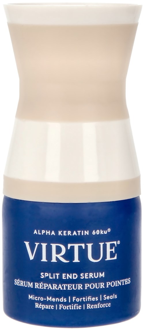 Blå och vit flaska med Virtue split end serum, märkt för hårreparation och tätning.