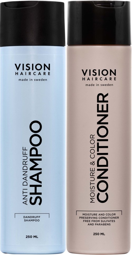To flasker med hårplejeprodukter mærket 'Shampoo' og 'Conditioner' fra mærket Vision Haircare, lavet i Sverige.