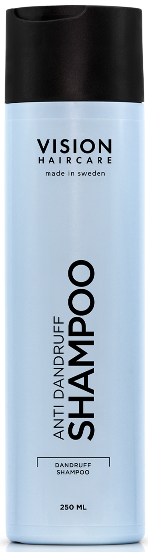 En lyseblå flaske med sort låg, mærket 'Vision Haircare Anti Dandruff Shampoo', lavet i Sverige, 250 ml.