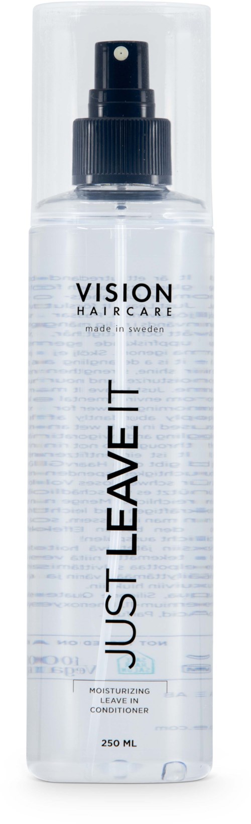 En genomskinlig sprayflaska med svart munstycke, märkt 'Vision Haircare' och 'Just Leave It' för återfuktande hår.