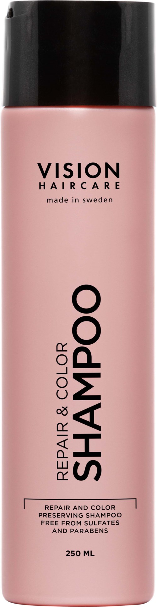 Lyserød flaske med sort låg mærket 'Vision Haircare' og 'Repair & Color Shampoo'.