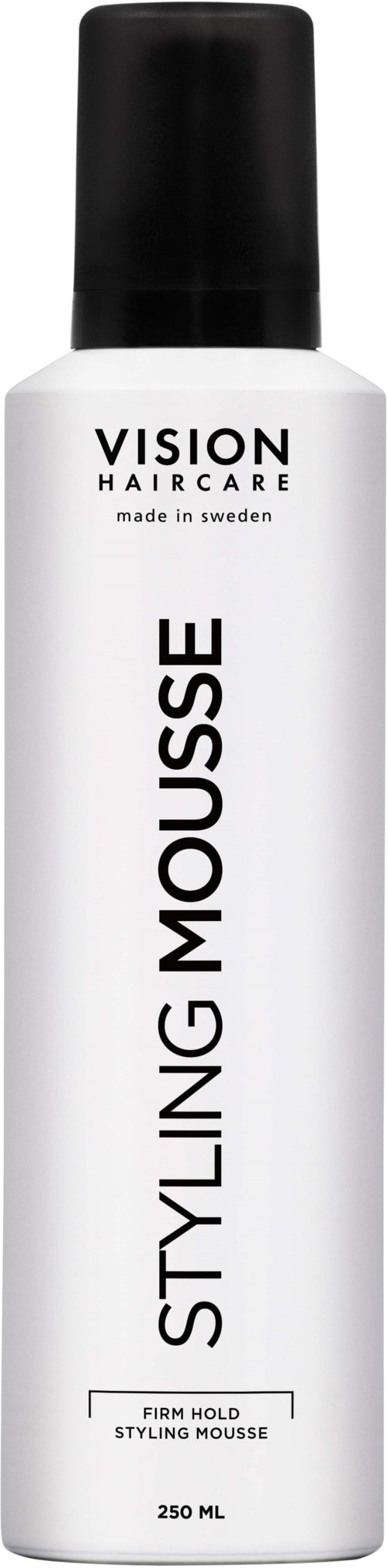 Valkoinen pullo mustalla kannella, merkitty 'Vision Haircare' ja 'Styling Mousse' hiusten muotoiluun, 250 ml.
