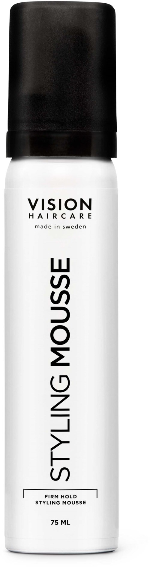 En hvit boks med svart lokket som er merket 'Vision Haircare' og 'Styling Mousse', 75 ml.
