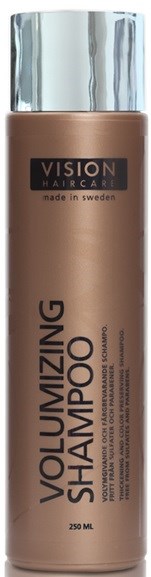 Pitkä, ruskea shampoopullo, jossa on hopeainen kansi, ja siinä lukee 'Vision Hair Care' ja 'Volumizing Shampoo'.