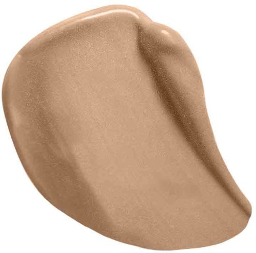 En beige flytande foundation-spridning, slät, med lätt glans och böjda kanter.