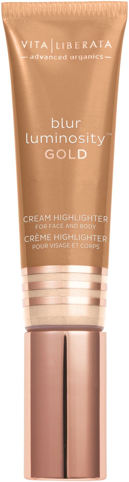 En tube med VITA LIBERATA Blur Luminosity Gold-krèmehøydepunkt med en skinnende hette og enkel emballasje.