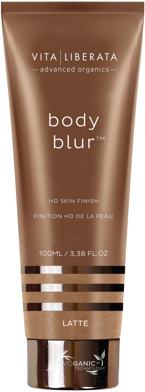 En bronzfärgad tub av Body Blur från Vita Liberata med svarta och vita ränder nära botten. Etiketten nämner 'Latte'.