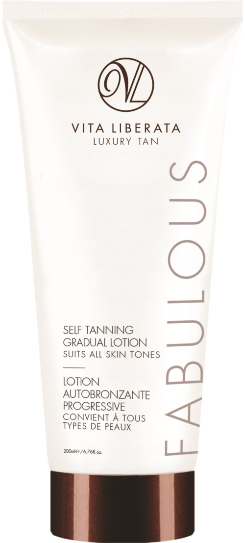 En vit tub med brun text och ett metalllock för självvärmande lotion.