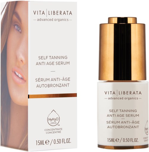 En hudvårdsprodukt för solbränna med förpackning som visar ett kvinnlig ansikte och en liten flaska. Den är märkt som anti-åldrande serum.
