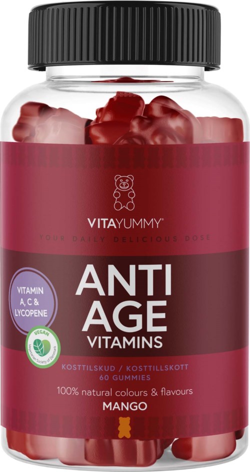 En flaske med anti-aldringsvitaminer med røde geléer, merket med mangosmak, fra Vitayummy.