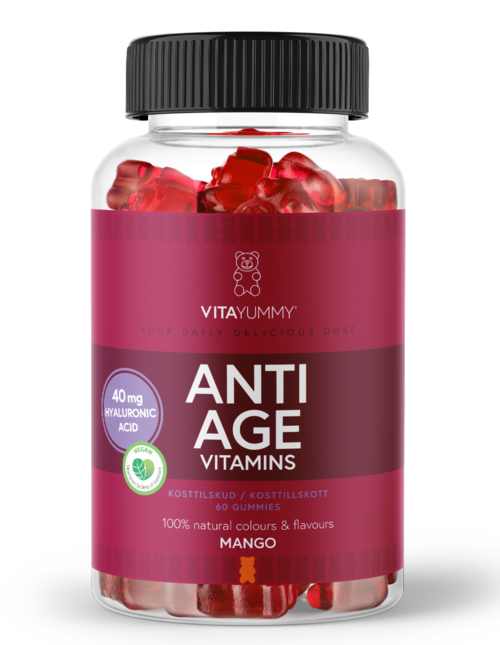 En flaske med gummin vitaminer merket 'Anti Age Vitamins' med mangosmak, med røde gummier og svart lokk.