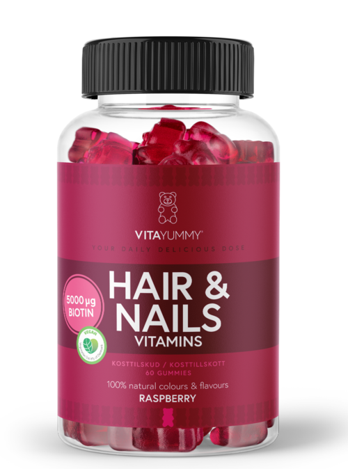 Flaska med hallon-smakande gummies för hår, naglar och vitaminer med biotin, naturliga färger och 60 stycken.