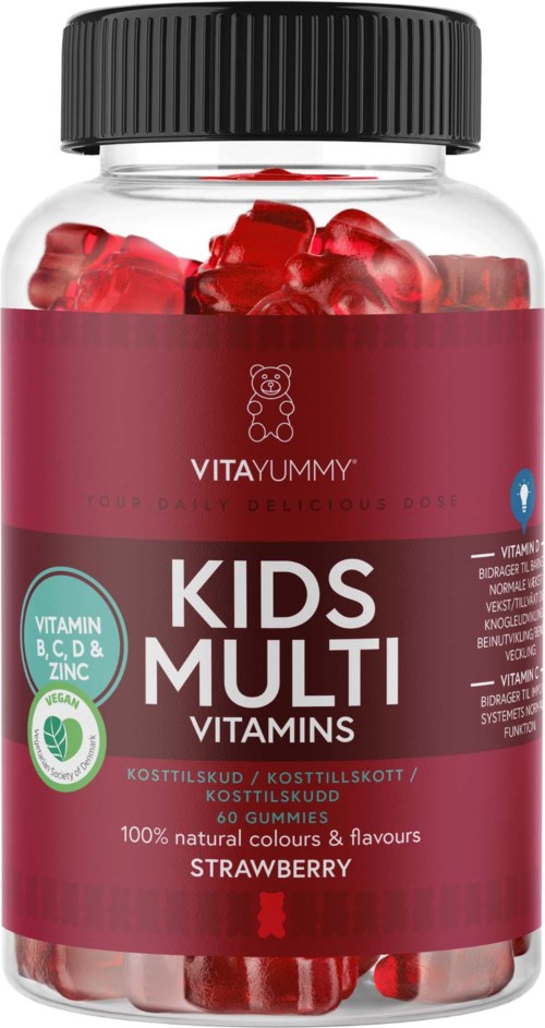 Flaska med jordgubbs-smakande vitaminer för barn i gummiform, innehåller vitaminerna B, C, D och zink. Etikettsnamn.