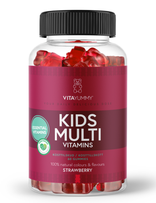 En flaska med jordgubbs-flavoured multivitaminer för barn, med gelé i, märkt i rosa med en tecknad björn.