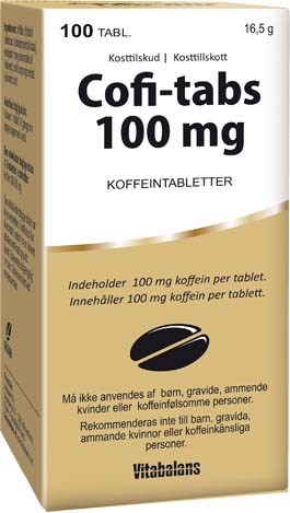 Cofi-tabs 100 mg box för koffinentabletter, visar produktnamn, dosering och en kaffebönaintegration.
