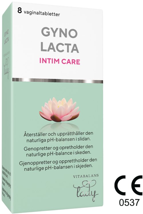 Box of vaginal tablets called Gyno Lacto for intimate care, with a pink lotus flower on the front.